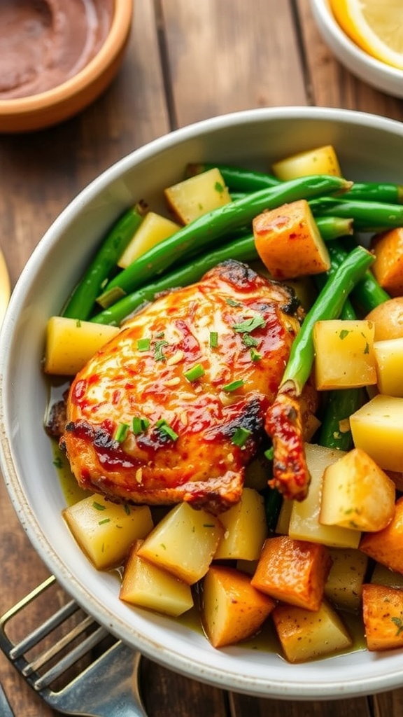 Savory slow cooker chicken with potatoes and green beans in a bowl, garnished with herbs.